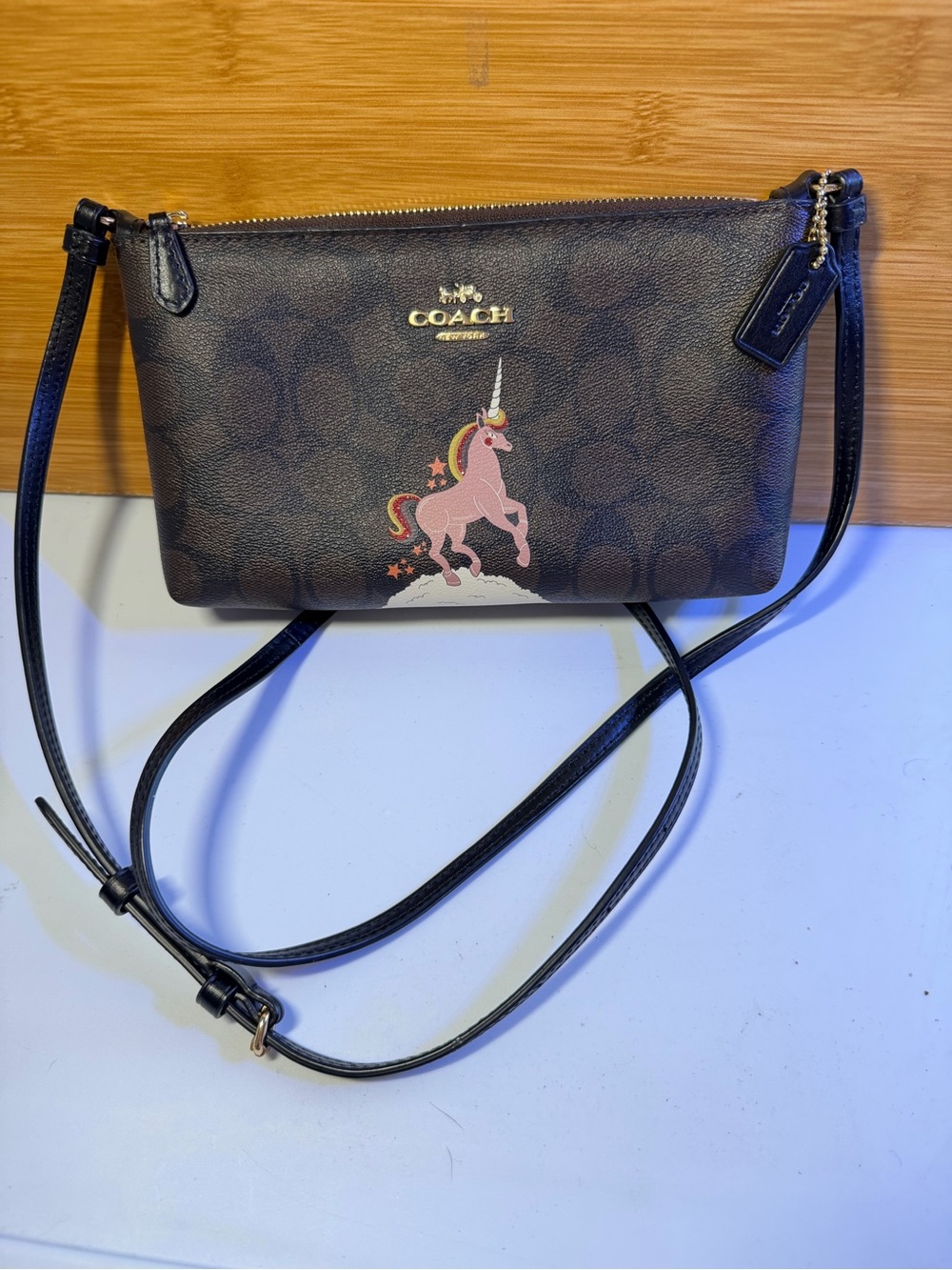 Coach Brown Signature Crossbody with Pink Unicorn Sparkle Graphics